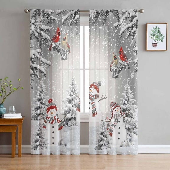 Grey Christmas Sheer Curtains 72 Inches Long, Snowman Xmas Tree Snowflake Winter Birds Light Filtering Window Curtains for Living Room, Rod Pocket Voile Sheer Curtain Drapes, 52"Wx72"L, 2 Panels