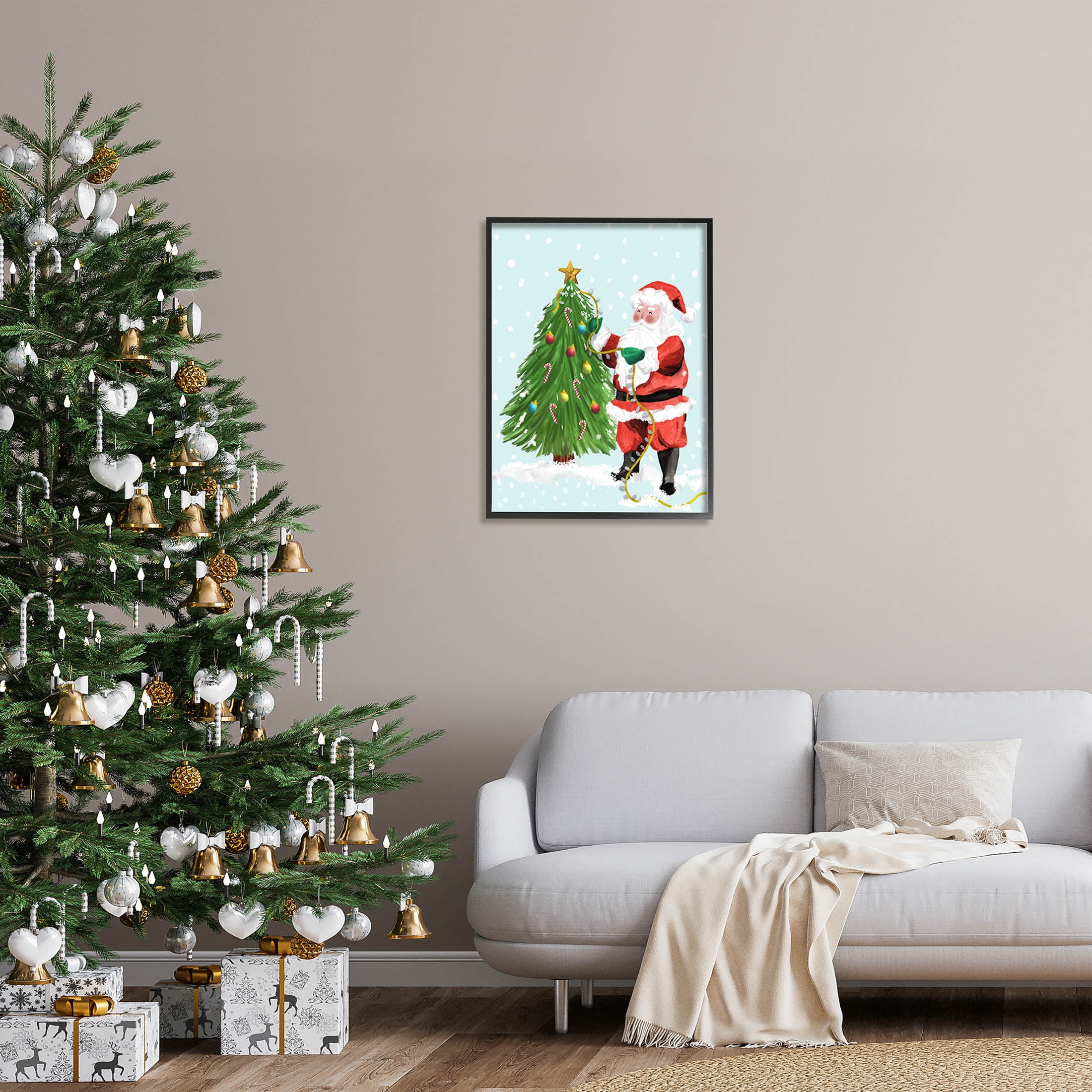 Snowy Santa Claus Tree Scenery Holiday Graphic Art Black Framed Art Print Wall Art