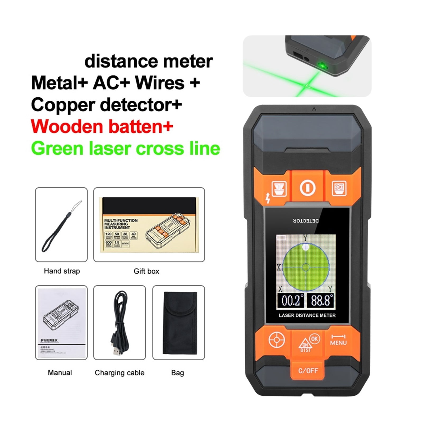 Digital Distance Meter Stud Finder AC Wire Tracker Wall Scanner Wood Moisture Meter Rangefinder Tape Metal Detector ,Accurate and Quick - 210DG
