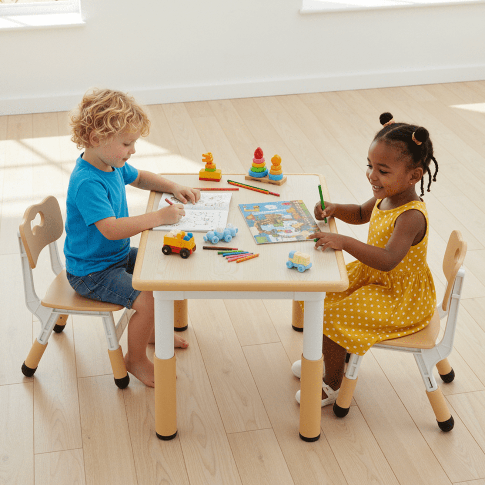 TLSUNNY Kids Table and 2 Chairs Set, Height Adjustable, Toddler Activity Table with Graffiti Desktop, for Daycare, Classroom & Home
