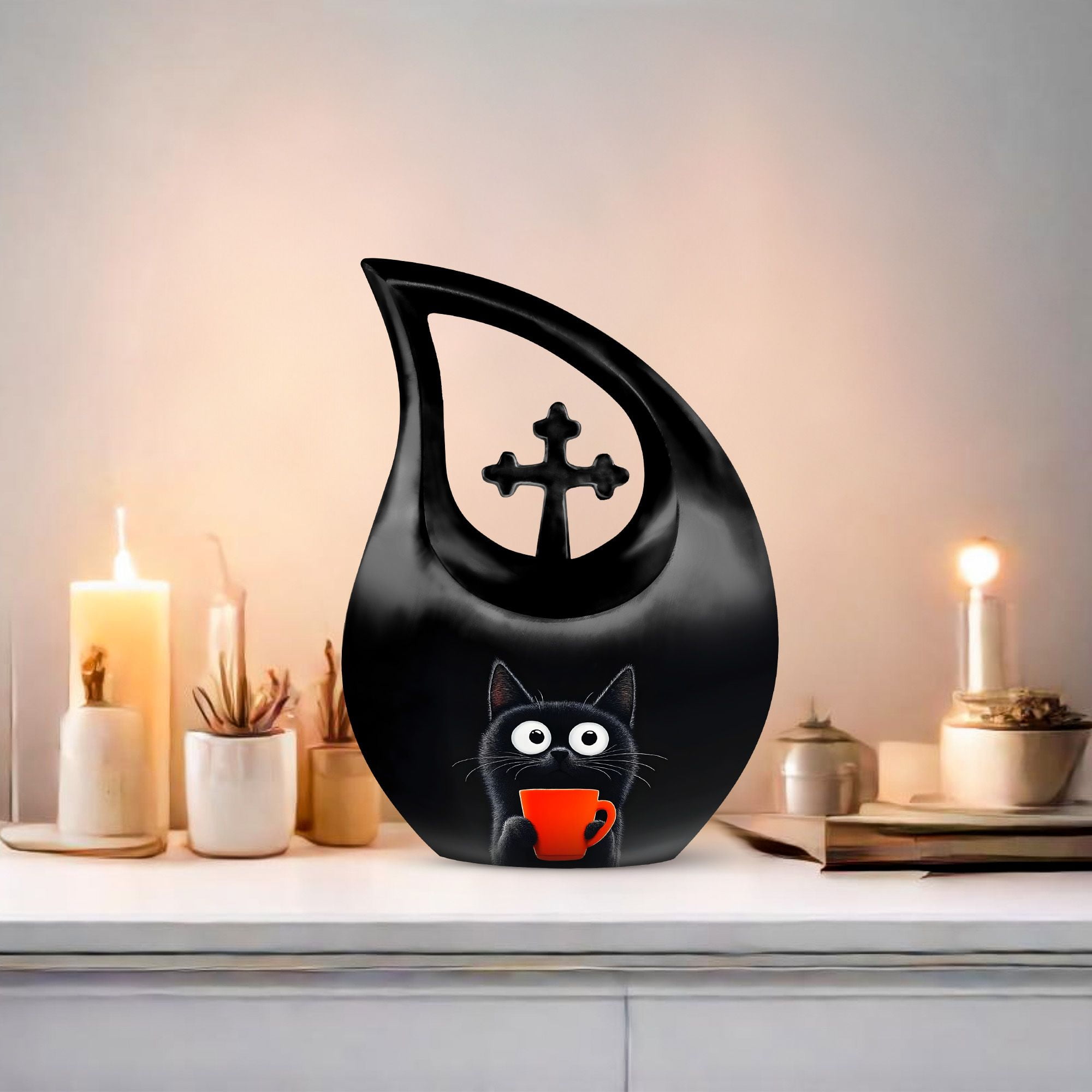 MUKTIVE Black CatUrn for Human Ashes, Decorative Funeral Large Urn for Ashes for Women and Men, (Cross Drop Large, 10 Inch)