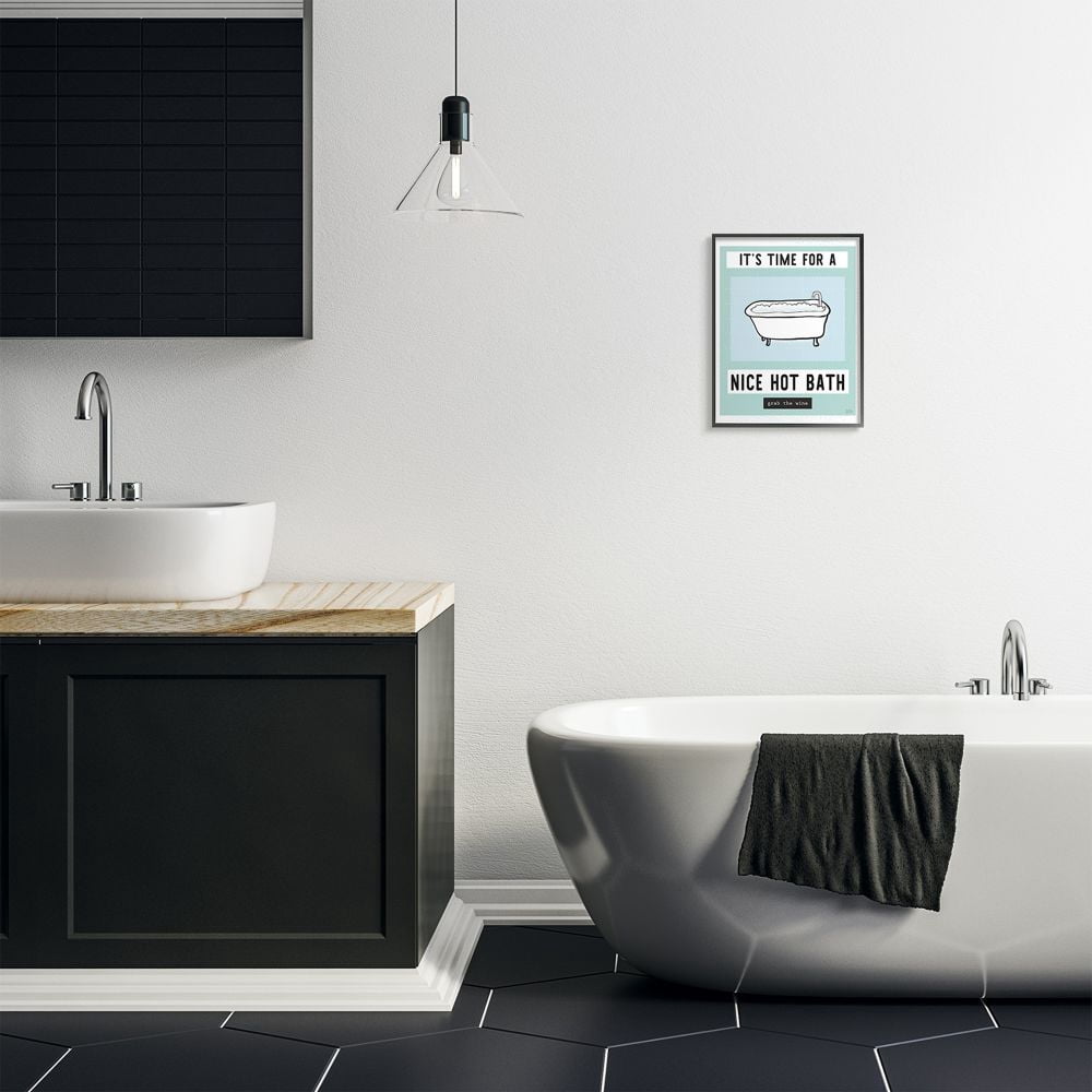 Stupell Industries Hot Bath and Wine Phrase Funny Blue Green Word Design Framed Wall Art Design by Melissa Averinos, 11" x 14", Black Framed