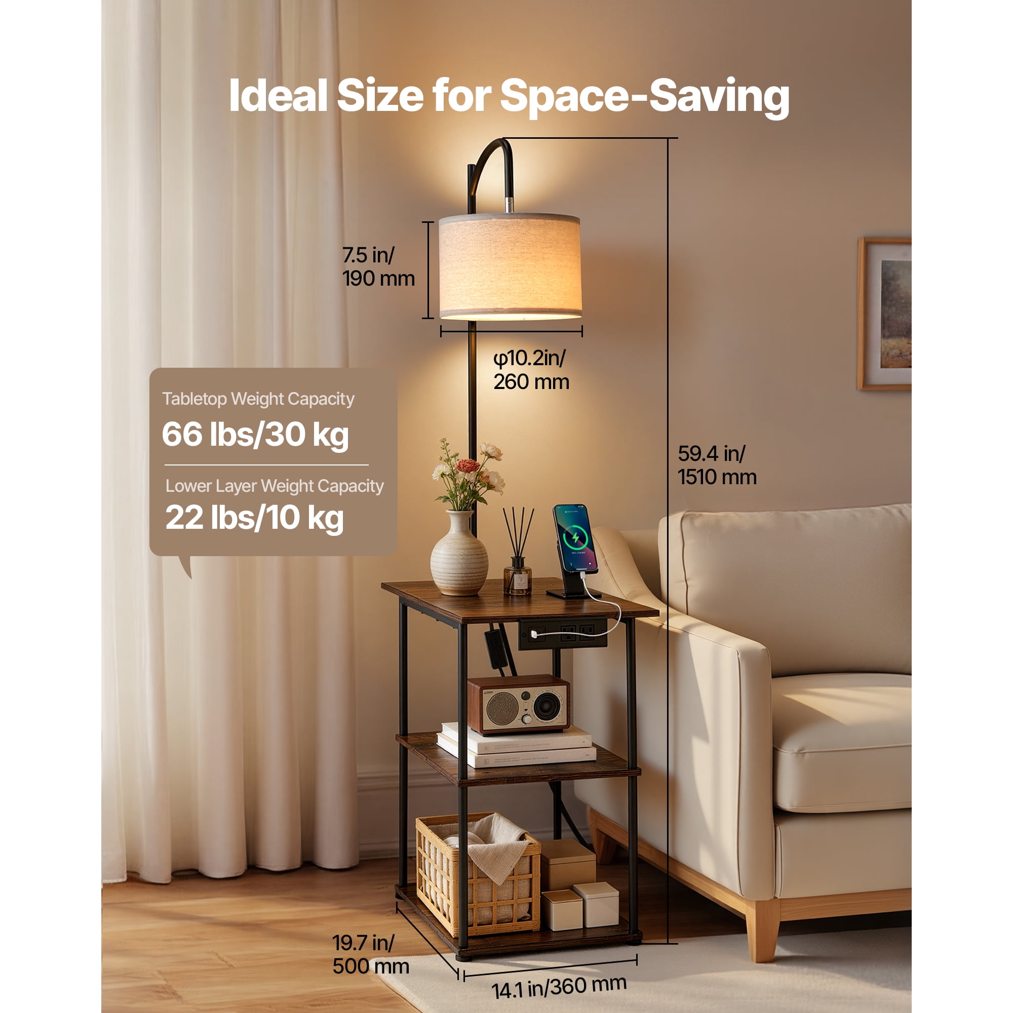 Floor Lamp with Table, Narrow 3-Tier End Table with Open Shelves & 3 Color Temperature Lighting, Side Nightstand Bedside Desk with USB & Type C & AC Charging Port for Living Room, Bedroom, Dorm