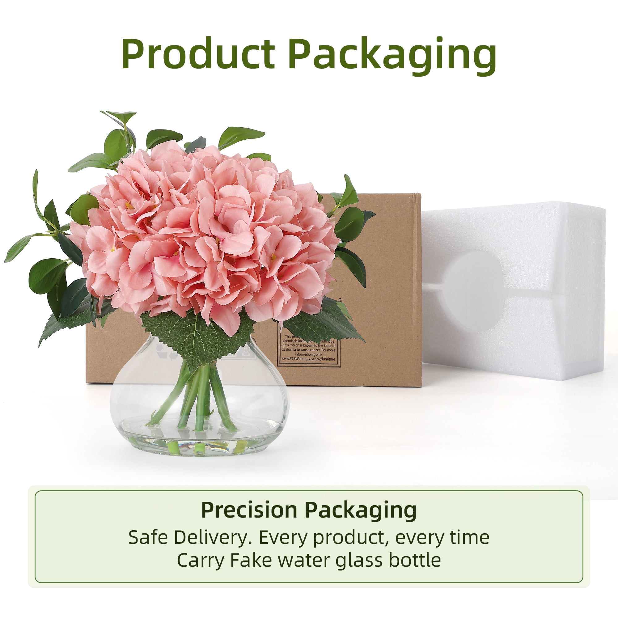 Realistic Silk Hydrangea Artificial Flowers in Glass Vase with Faux Water – Elegant Home Decor, Wedding, and Table Centerpiece Arrangement,Pink