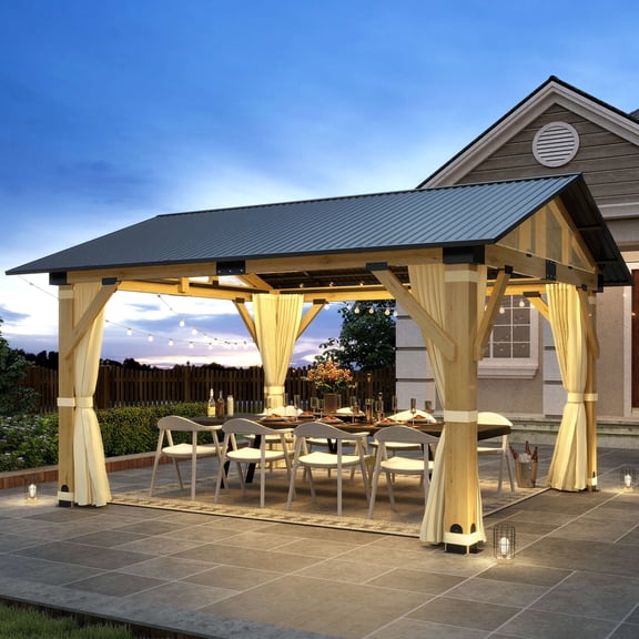Howsvn 11' x 13' Wooden Hardtop Gazebo with Netting and Curtains, Cedar Wood Frame Gazebo with Galvanized Steel Roof for Garden, Patio, Deck