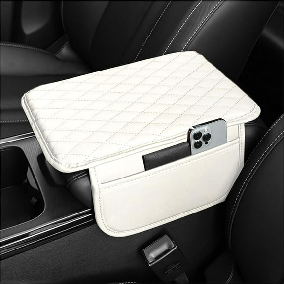 Upgraded Car Center Console Cover,Microfiber Leather Car Armrest Cover Cushion with 2 Storage Bags,Universal Car Armrest Storage Box Car Interior Accessories for Most Vehicles (Pearl White)