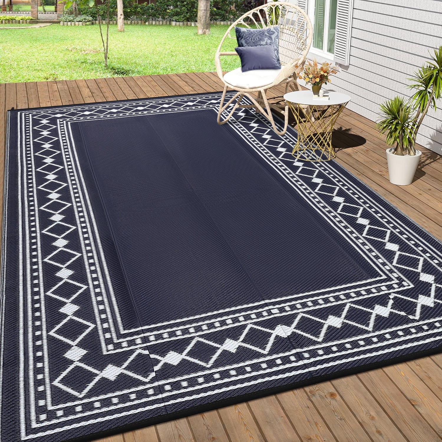 Memoryfield Outdoor Rug 8' x 10' Waterproof Patio Rug, Reversible Plastic Outside Carpet for RV Camping Deck Balcony Porch, Dark Blue