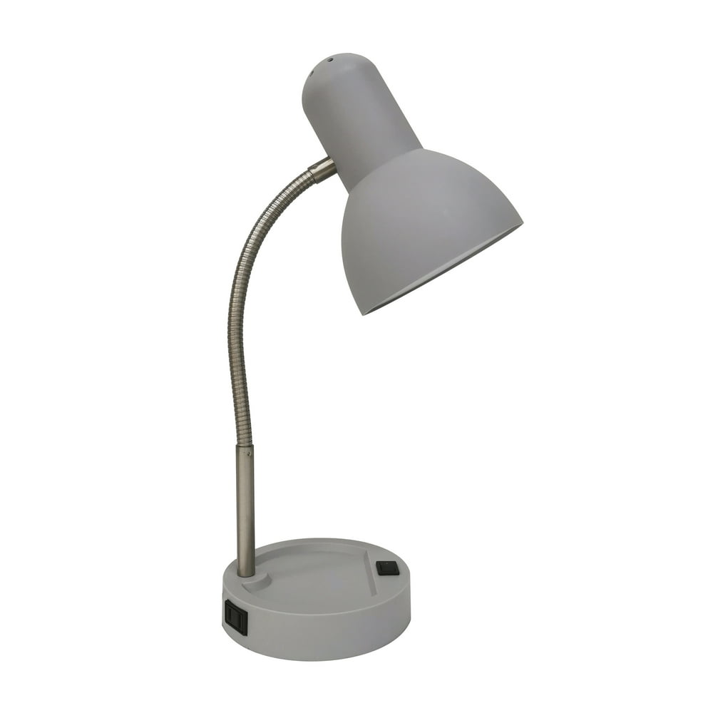 Mainstays LED Gooseneck Desk Lamp with CatchAll Base & AC Outlet, Gray