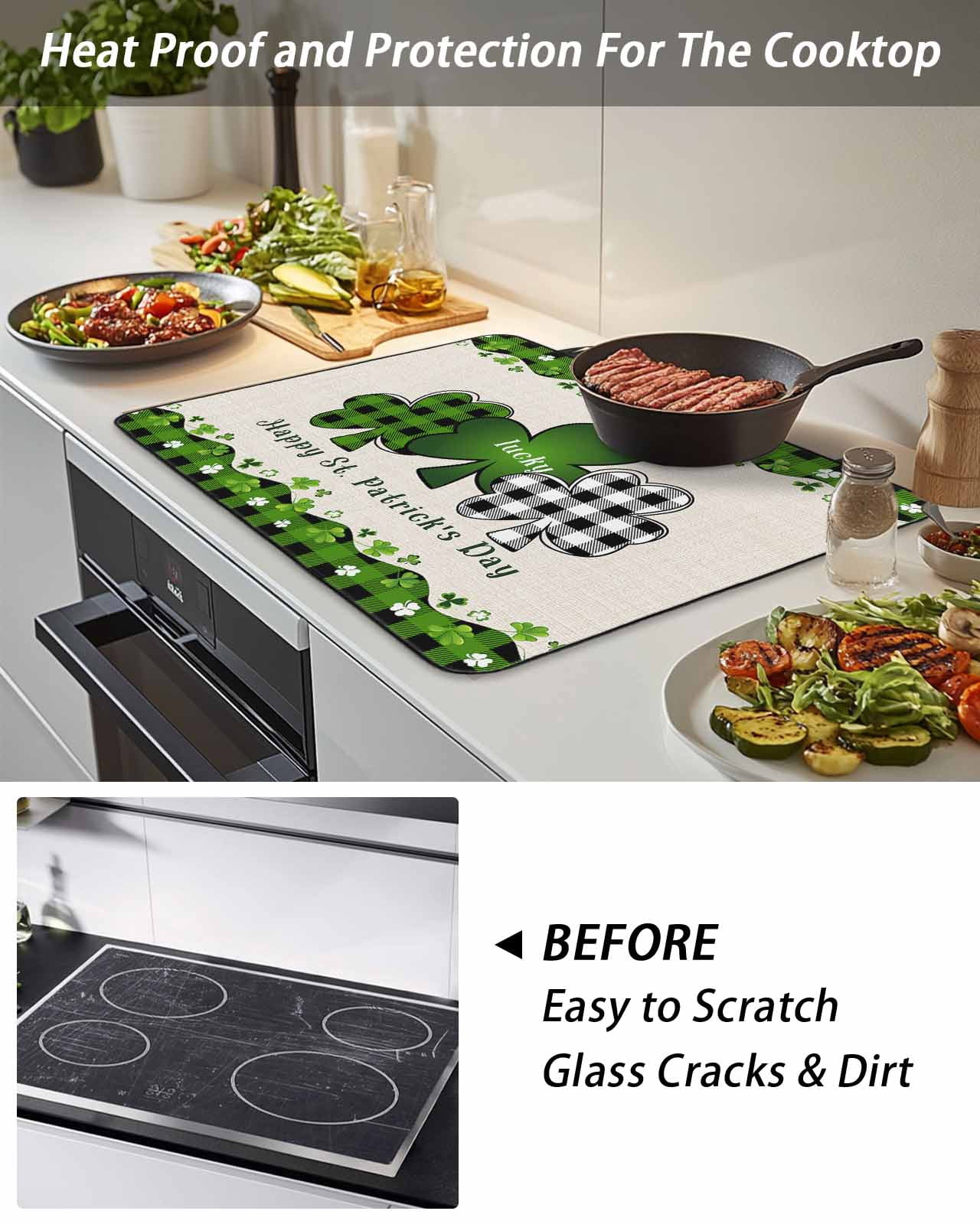 Stove Top Covers for Electric Stove, St. Patrick's Day Glass Stovetop Cover Protector, Green and Black Checkered Lucky Induction Cooktop Protector Oven Mat for Kitchen Countertop 24"x21"