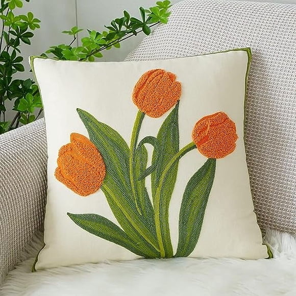 Granjero Gordo Funda de almohada de felpa de algodón de granja con bordado de flores de primavera, funda de cojín cuadrada suave, naranja, 18 "x18"
