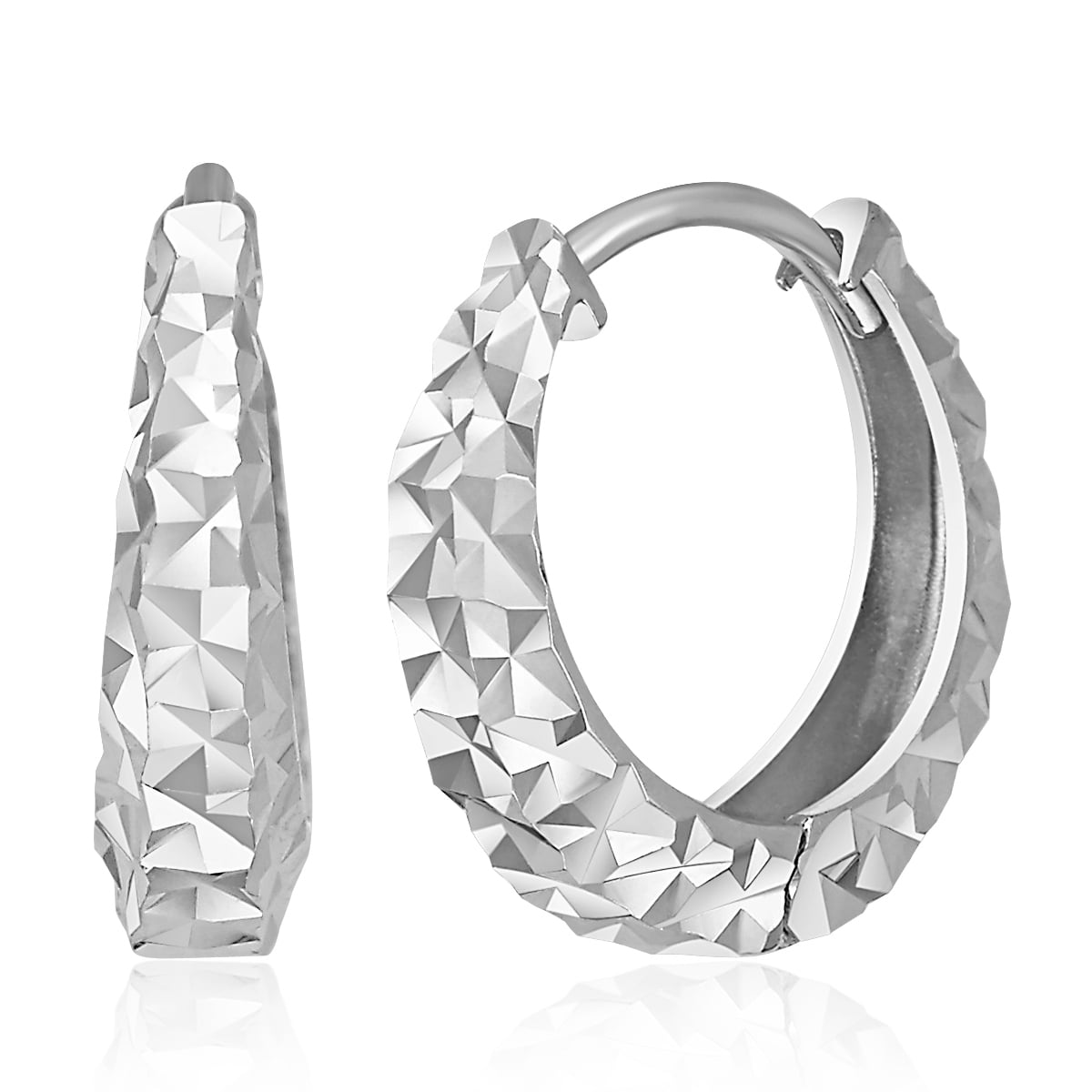 15 x 15 mm 14k White Gold 3mm Diamond-Cut Faceted Oval Hoop Huggies Earrings