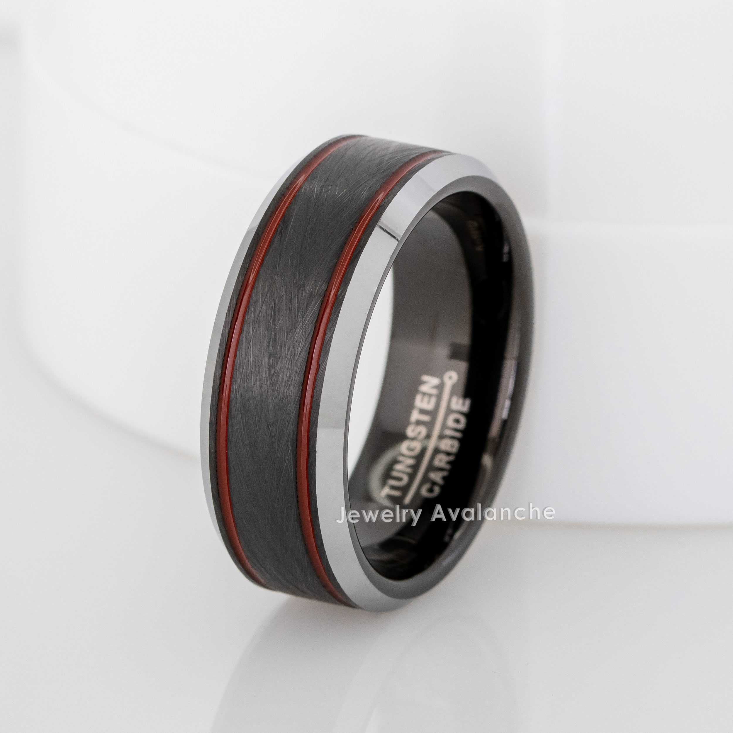 Jewelry Avalanche Double Red Grooved Accent Tungsten Wedding Band for Men, Firefigther Ring, 8MM, size 10