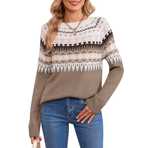 Cogild Women Sweaters for Women Fair Isle Knit Pullover Long Sleeve Casual Winter Sweater Soft Cozy Tops