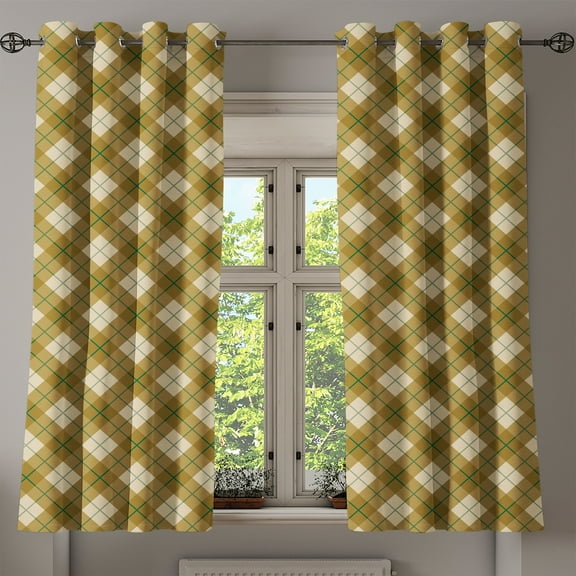 Ambesonne Plaid Grommet Curtain, Brown Diagonal Retro, 50" x 54", Pale Brown Green Beige