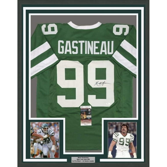 Framed Autographed/Signed Mark Gastineau 35x39 New York Green Football Jersey JSA COA