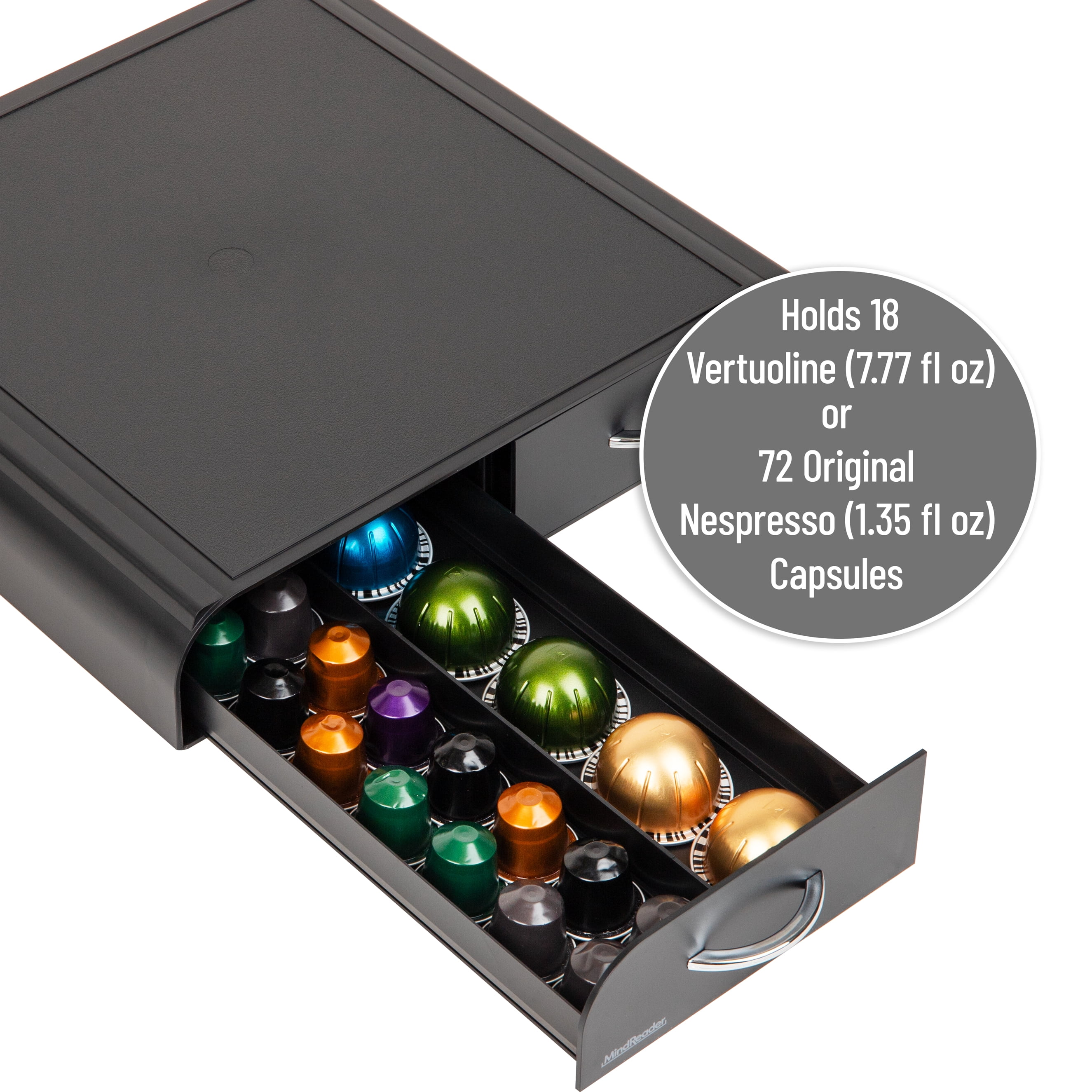 Mind Reader Coffee Pod Organizer, Compatible with 18 Vertuoline (7.77 fl oz) or 72 Original Nespresso (1.35 fl oz) capsules, Plastic, Black