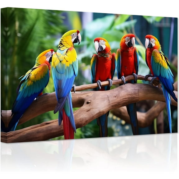 ZHONGYUTONG Parrot Canvas Wall Art Tropical Macaw Birds on Branch Picture Prints Forest Colorful Animal Painting for Pet Shop Zoo Decor Framed (12.00" x 18.00")