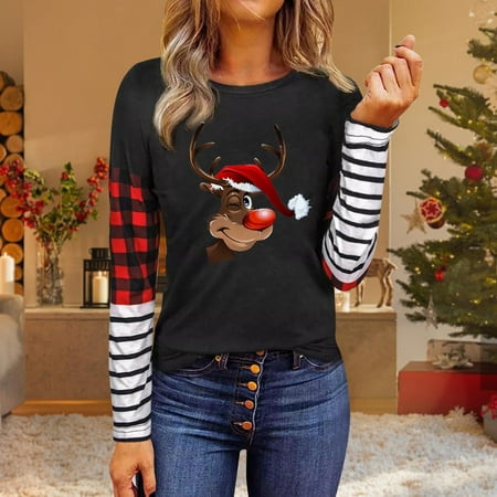 

jsaierl Sweatshirt for Women Round Neck Long Sleeve Cartoon Printed Christmas Casual Tops for Women Skin-Friendly Stripe Pullover Blouse for Teen Girls