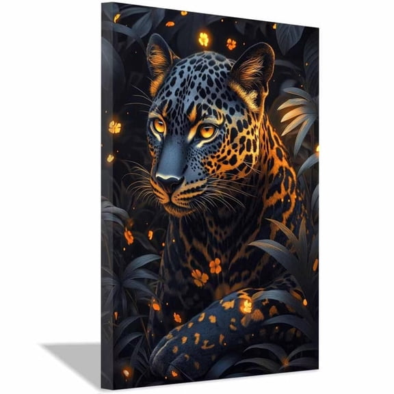 Mudket Dark Jungle Leopard Canvas Wall Art, Glowing Black Leopard Print Wall Decor Framed Ready to Hang for Living Room Bedroom - 18"L x 12"W