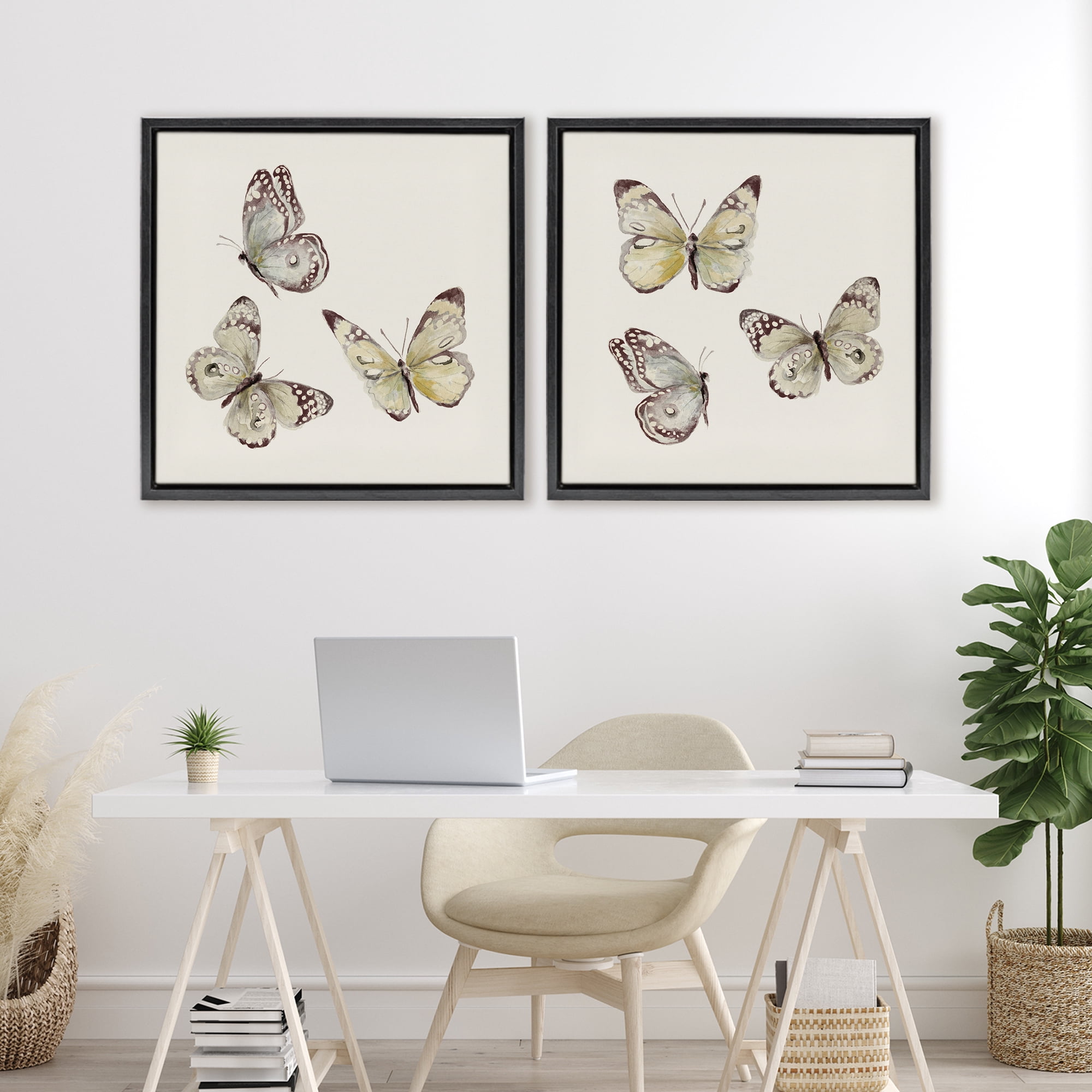 Stupell Industries Flight of Butterflies on Beige 2 Piece Black Framed Floater Canvas Set, design by Patricia Pinto