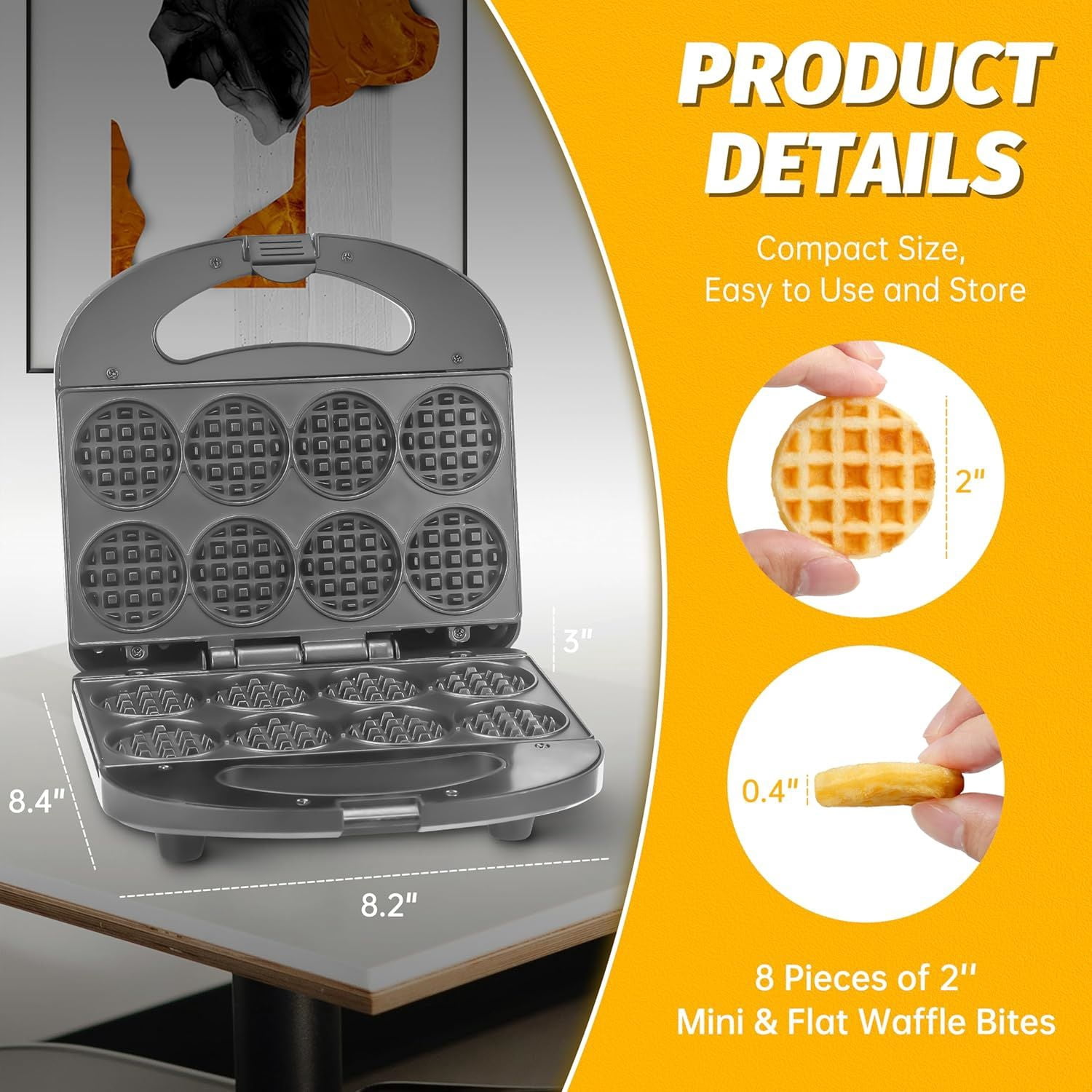 Mini Electric Waffle Maker 8-Count 2" Tiny Bites Non-Stick for Breakfast Dessert Snacks