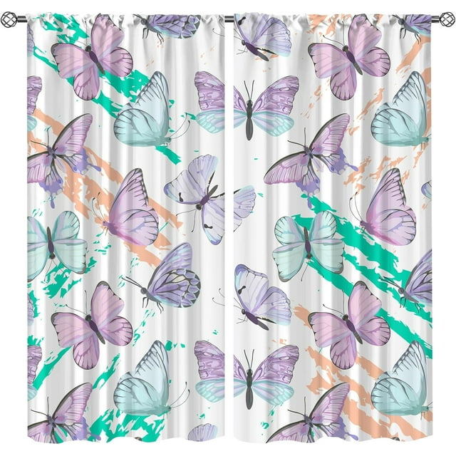 Romantic Blue Purple Butterfly Curtains for Girls Bedroom Decor, Geometric Stripes Graffiti Rod Pocket Window Drapes, Soundproof Curtains Fast Drying Machine Washable for Living Room-W42xL63in