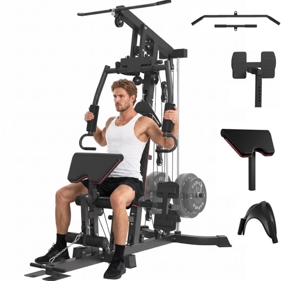 GARVEE Multifunctional Home Gym Station,Full Body Workout Machine with Chest Press, Elbow Brace & Foot Support,Fits 1" & 2" Weight Plates,Ideal for Home Fitness