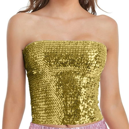 WNEGSTG Carnival Corset Tops  Sequin Sleeveless Crop Tube Top Fashion Mardi Holiday Womens Sparkling Sequins Stretch Clubwear Top  Gold