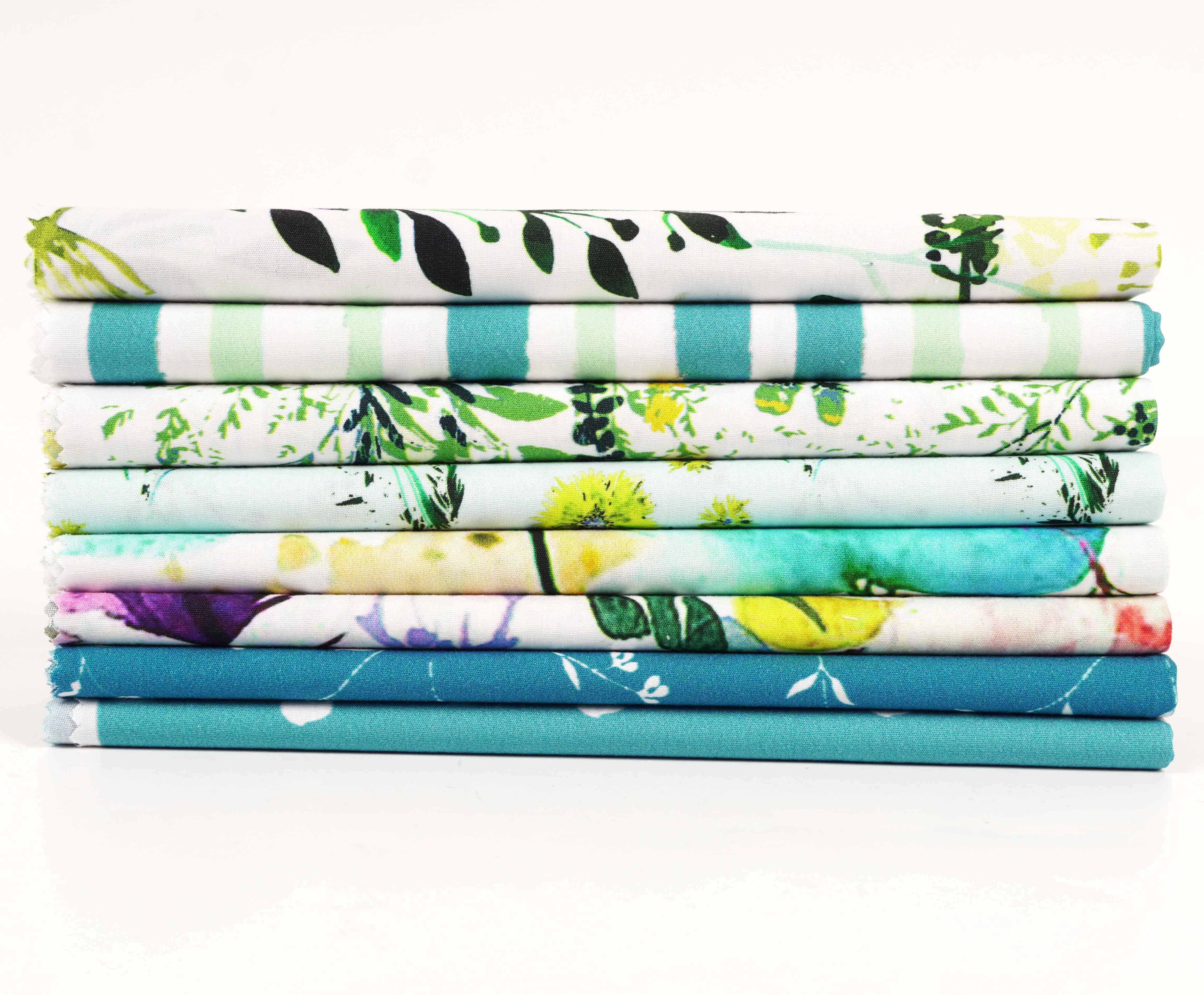 Soimoi 8 Pc Fat Quarter Bundle,Watercolor FloralPrint 18"x 22"DIY Patchwork-100% CottonPre-Cut Quilting Fabric Turquoise & Teal Blue