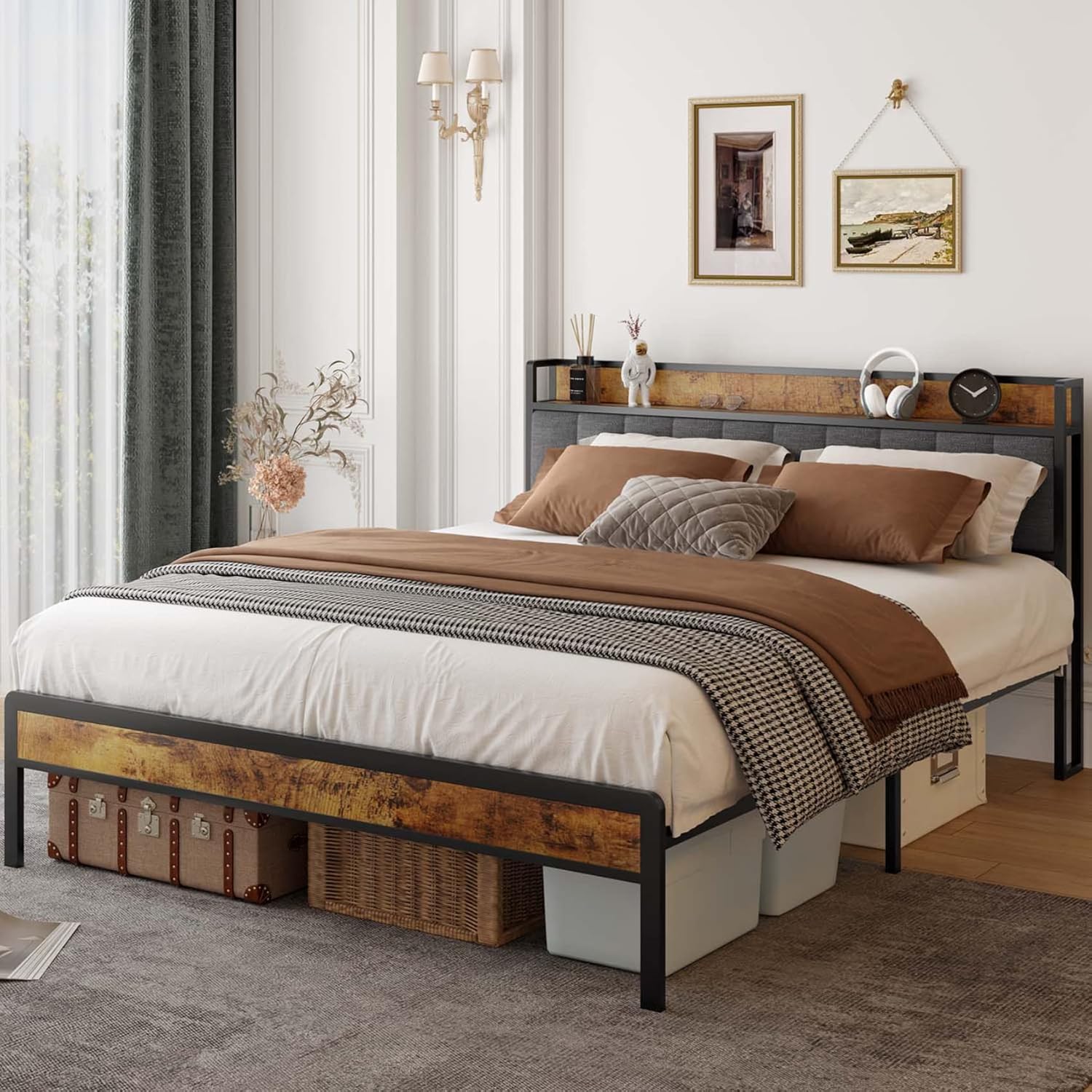 Lofka King Size Bed Frame with Storage Headboard, Sturdy Metal Support, Quiet Design, and Ample Under-Bed Storage, No Box Spring Needed，Easy Assembly