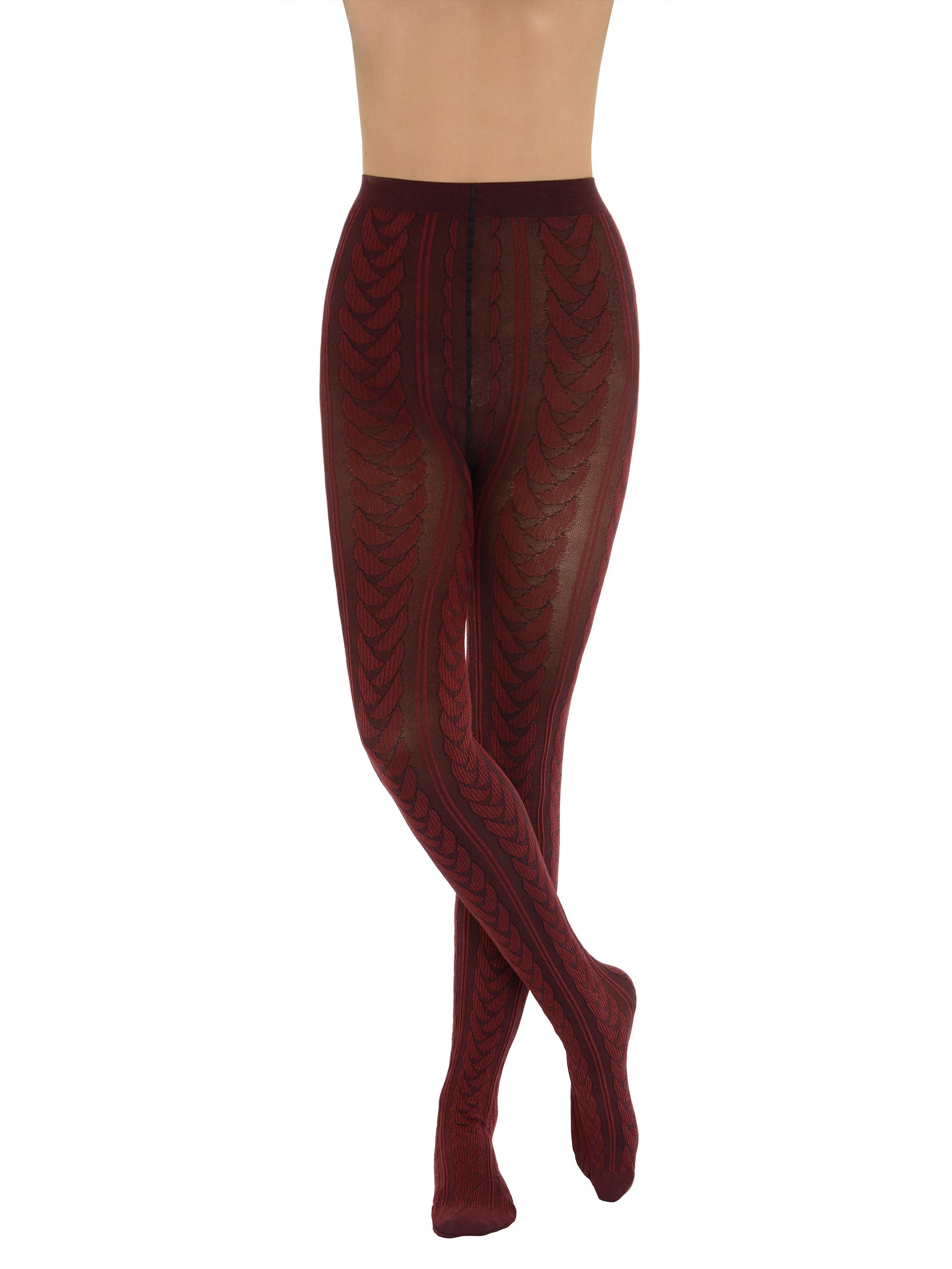 Cashmere Int Burgundy Tights for Women with Woven Cable Pattern