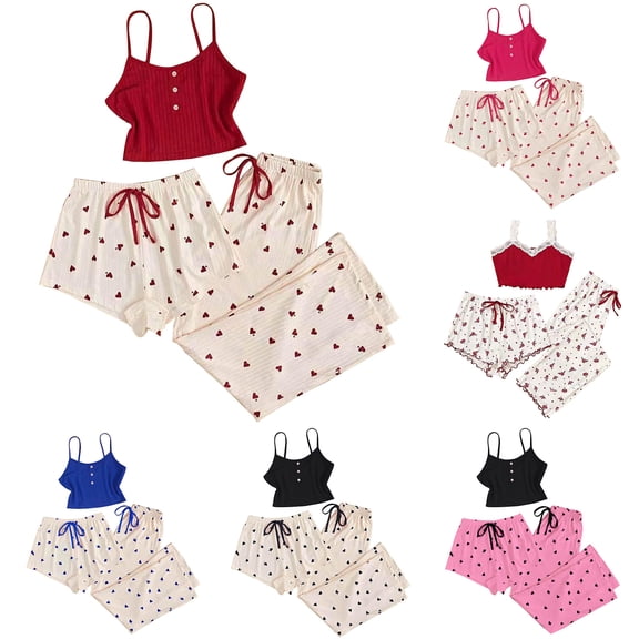 Three Piece Pajama Set Heart Print Design Shorts and Pants Sleepwear Comfortable Wear