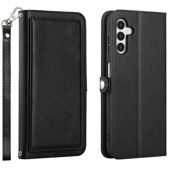 For Samsung Galaxy A04E / SM-A042M Full Body Cover Protective Shockproof Triple Card Slot Flap Folio Stand Leather Wallet Pouch Case Cover Black