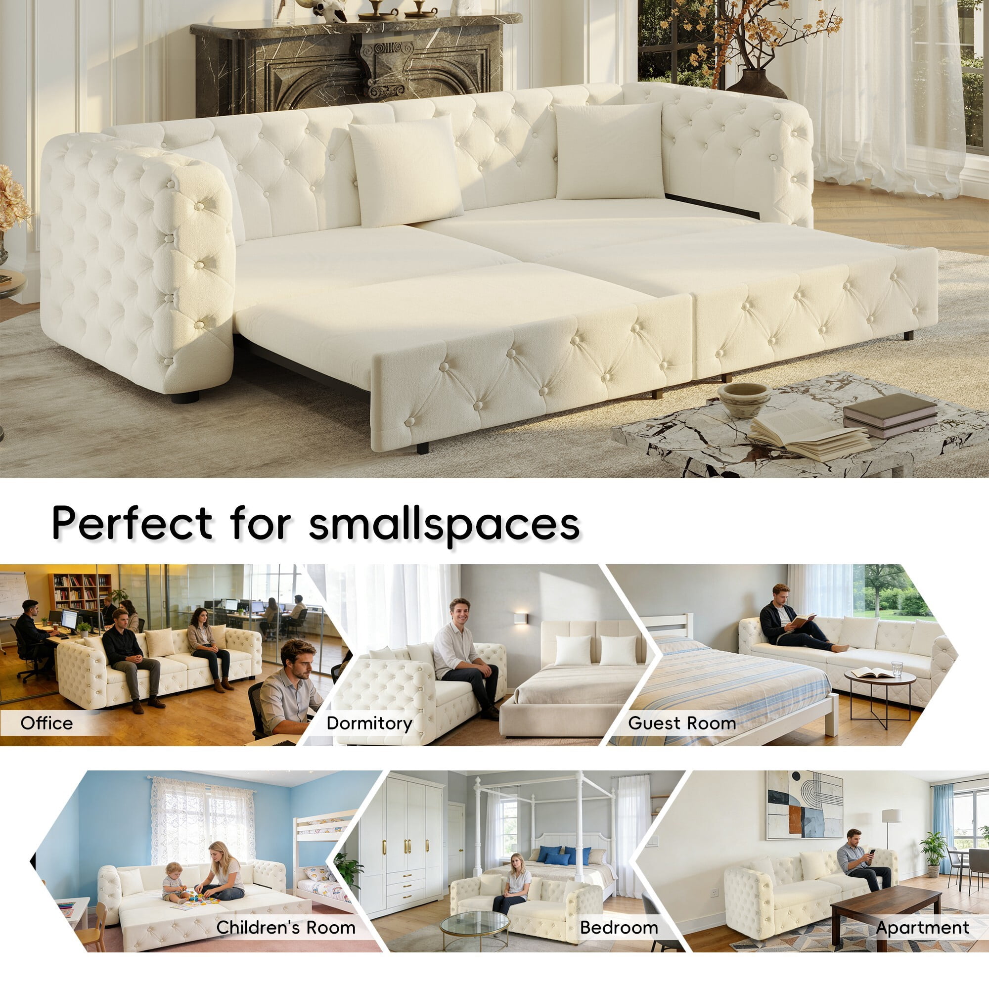 DEALTOPS 89 Inch Chesterfield Tufted Velvet 3 in 1 Pull Out Sofa Bed, 4 Seater Tuxedo Living Room Couch, Beige