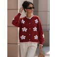 thumbnail image 5 of Women 3D Floral Applique Pearl Button Scalloped Trim Crew Neck Knit Cardigan Red S, 5 of 9