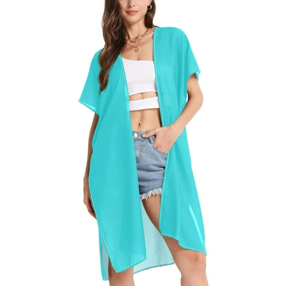 ALAZA Women's Beach Cover Up Turquoise Kimono Swimsuit Summer Cardigan Swimwear M