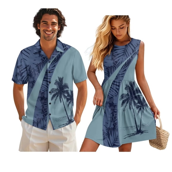 KUIFORTI Matching Hawaiian Outfits Loose Cut for Family Polynesian Palm Tree Womens Summer Dresses Washable Round Neck for Beach Seaside 4-Way Stretch