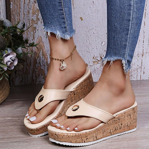 KBODIU Womens Sandals Mothers Day Gifts Casual Clip Toe Slippers Flip Flops Wedge Platform Sandals for Women Dressy Summer Beige 37