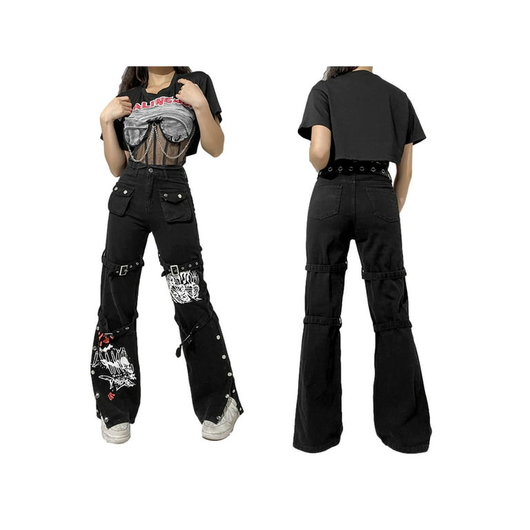 Gothic Black Punk Cargo Jeans for Women Wide Straight Leg Grunge