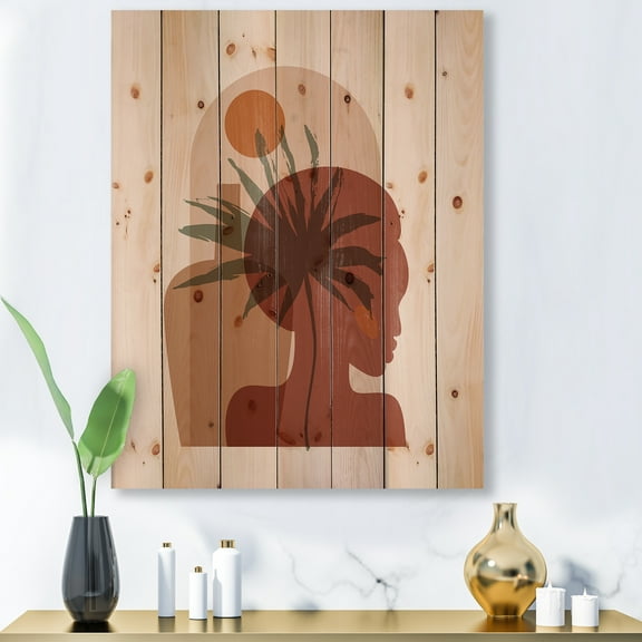 Designart 'Abstract Pretty Girl Portrait and Tropical Palm Leaf' Modern Print on Natural Pine Wood