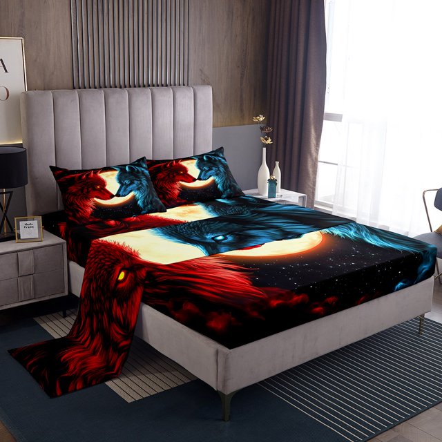 Erosebridal Red and Blue Wolf Full Sheet Sets, Moon Aniaml Bedding Full Size, Wolves Lover Decor 4 Pieces
