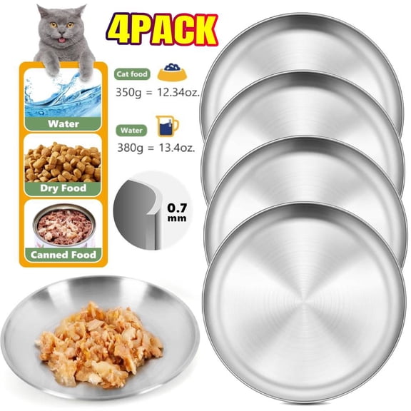 4-Pack Stainless Steel Cat Food Bowls, Shallow Whisker-Friendly Non-Slip Silicone Base Metal Dishes, Easy to Clean Indoor Feeding Flat Plates for Cat, Small Dog