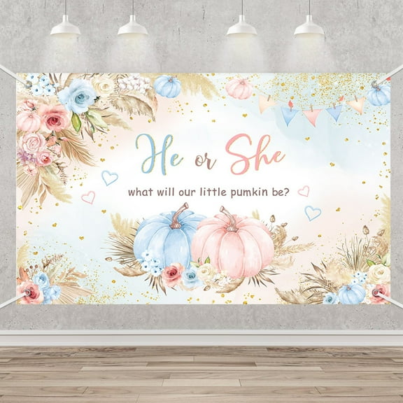 Autumn Boho Pumpkin Gender Reveal Banner Foral He or She Pumpkin Gender Reveal Decorations Pink or Blue Fall Gender Reveal Party Cake Table Decoration Banner Photo Booth Props 5.9x3.6ft