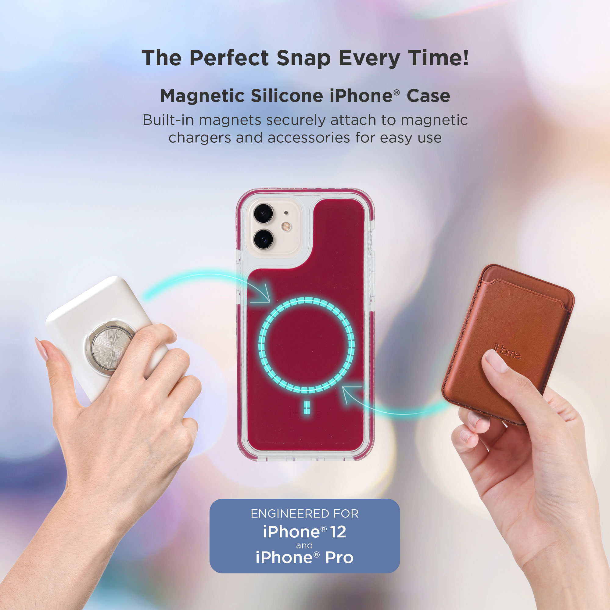 iHome Magnetic Silicone Velo Case: Premium Silicone, Lightweight, Ultra Slim, Shock Absorbent Velo Protective Case, MagSafe Compatible (iPhone 12/12 Pro, Burgandy)