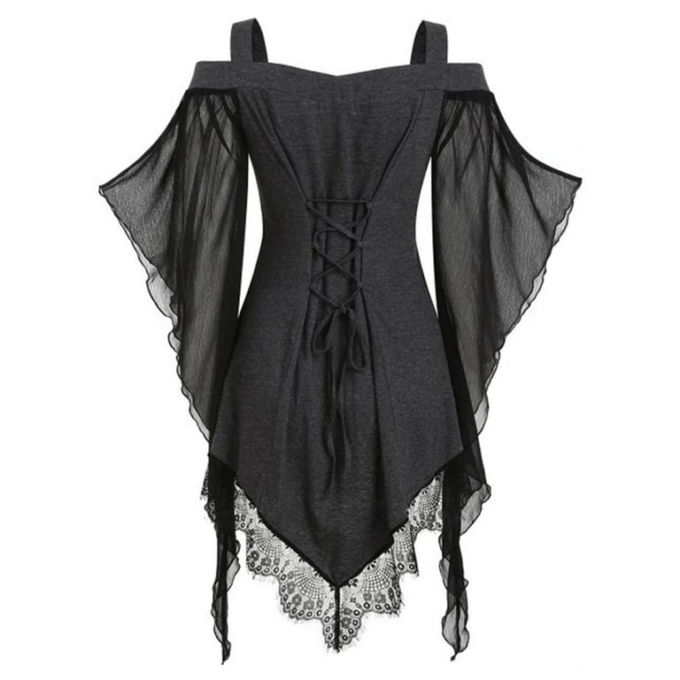 Sexy Goth Clothes For Women Mesh Butterfly Trumpet Sleeve Shirts Vintage  Cold Shoulder Blouse Halloween Costumes 