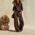 thumbnail image 3 of Szluipve Linen Sets for Women 2 Piece 2 Piece Linen Outfit Contrast Trim 3/4 Sleeve Crew Neck Top & Wide Leg Pants Set Loose Casual Beach Vacation Tracksuit Suit Brown L, 3 of 7