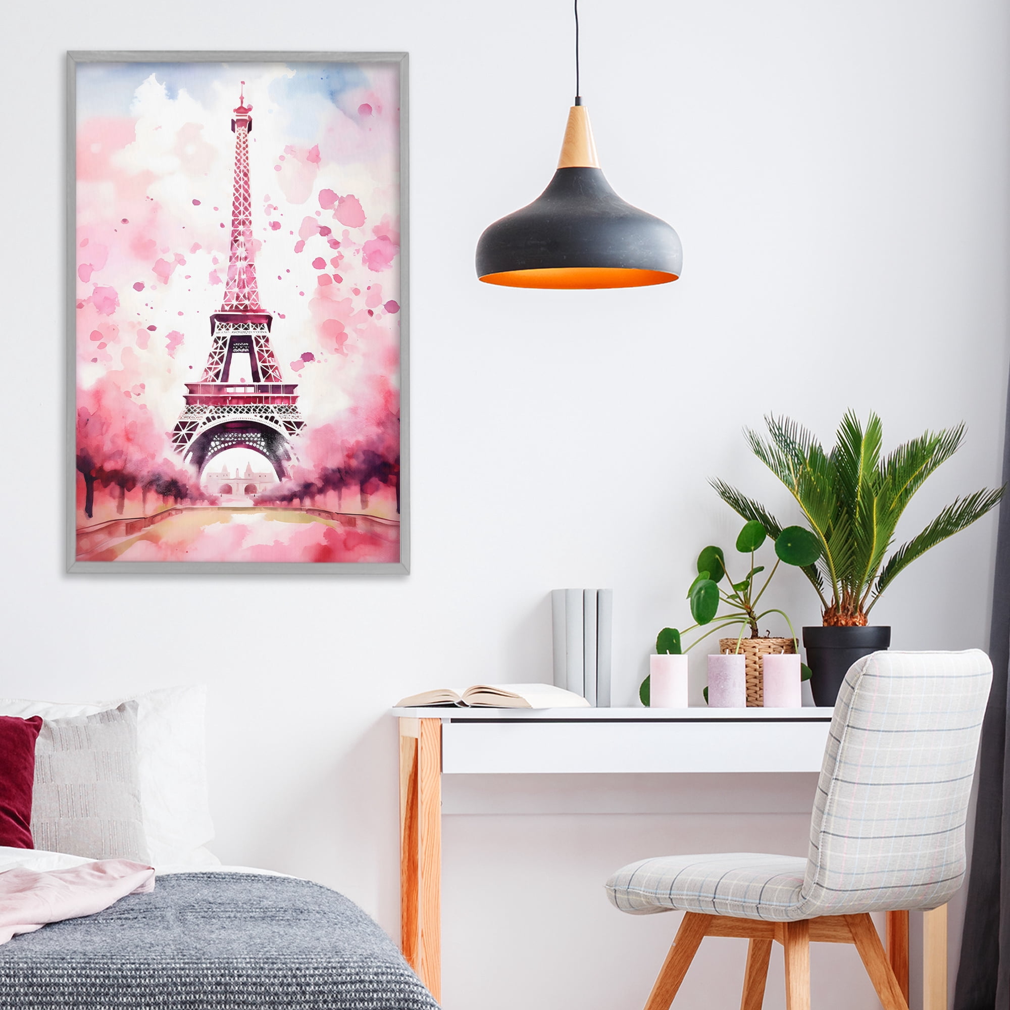 Stupell Industries Blush Watercolor Eiffel Tower Gray Framed Giclee Art, design by Creative Studio