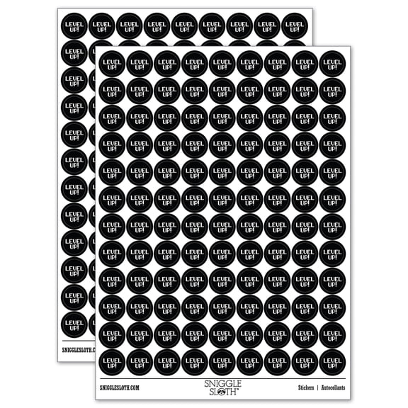 Level Up 8 Bit Digital Text Round Sticker Set - Black - Gloss Finish - 0.50" Size