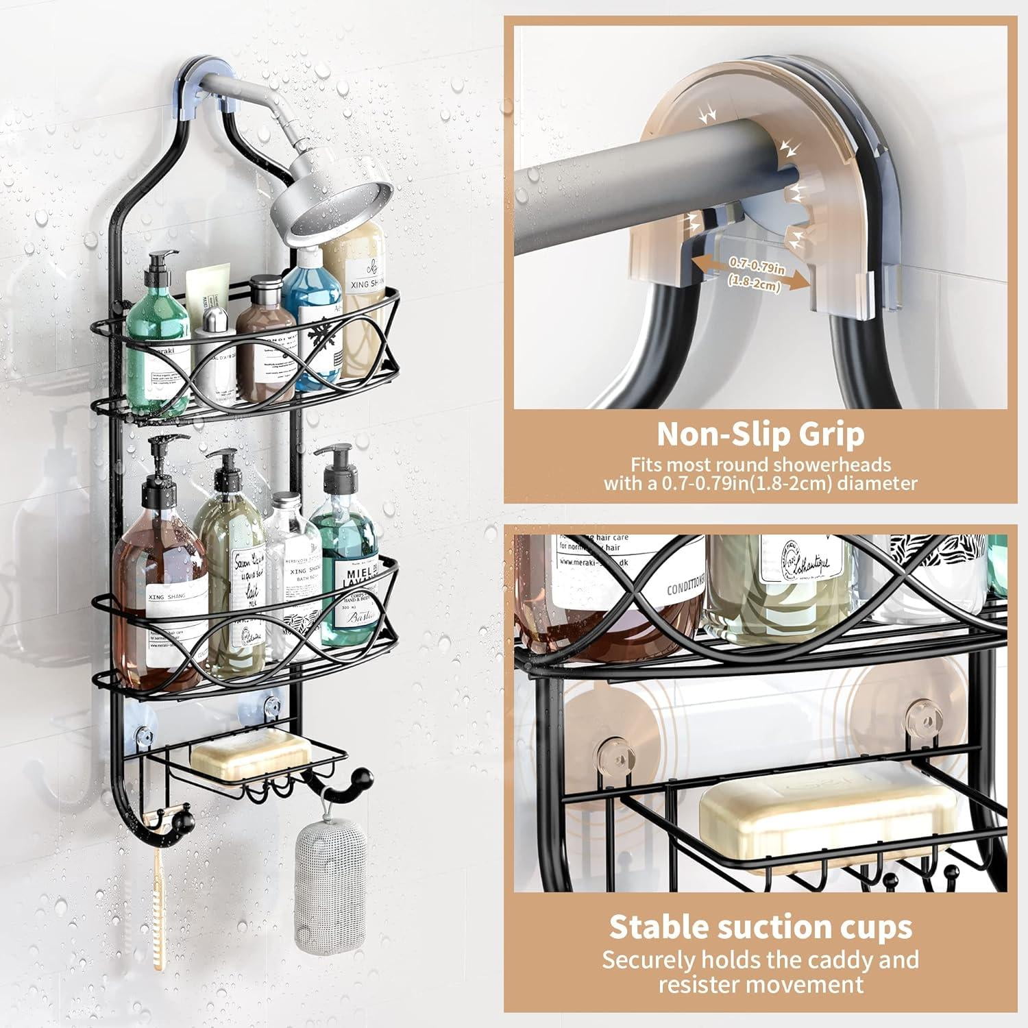 Granny Says Rust Resistant 3-Shelf Steel Suction Cups Bathroom Corner Shower Caddy, Black