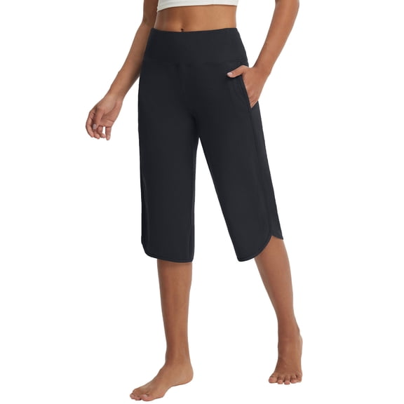 BALEAF Women's Capri Pants with Pockets Straight Leg Yoga Capri Leggings 17" Mid-calf Capris Workout Black L